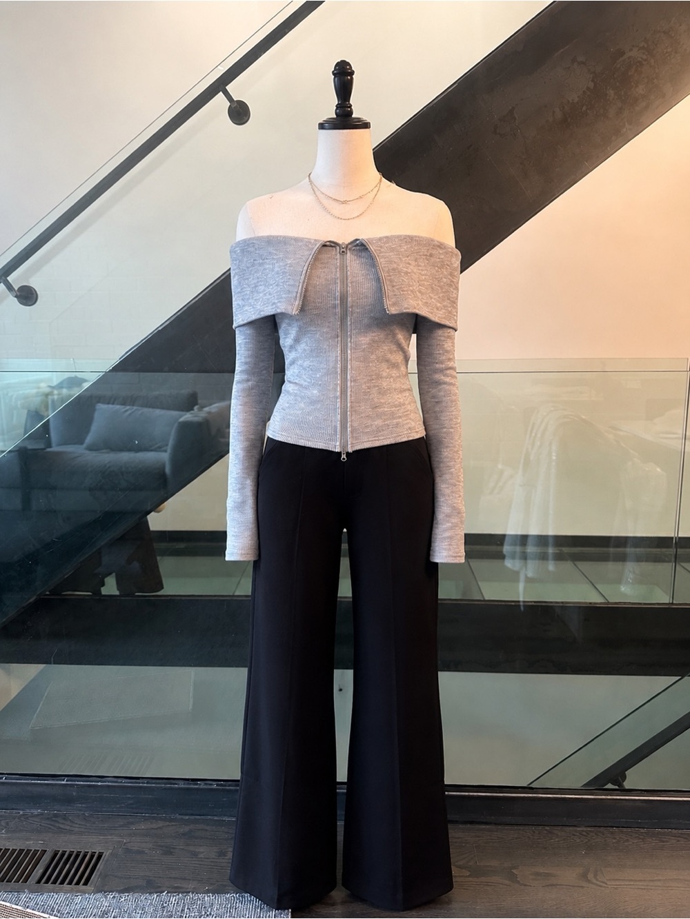 Noisy May Gray Off-Shoulder Zip Top